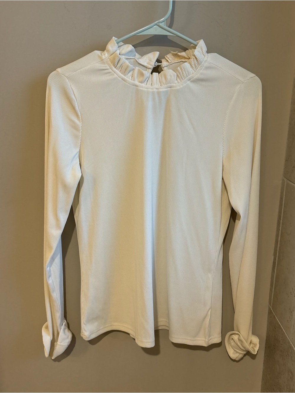 Listicle Cream Ribbed Long-Sleeve Top with Ruffle Neck